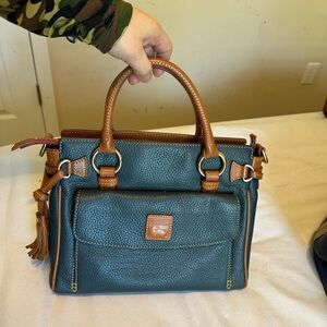 Dooney & Bourke Green Pebbled Leather Satchel with Brown Trim and Tassel